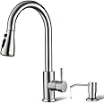 Kitchen Faucet with Soap Dispenser, Hiqufet Brushed Nickel Kitchen Faucet with Pull Down Sprayer, 3 Mode High Arc Single Handle RV Sink Faucet