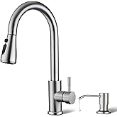 Kitchen Faucet with Soap Dispenser, Hiqufet Brushed Nickel Kitchen Faucet with Pull Down Sprayer, 3 Mode High Arc Single Handle RV Bar Sink Faucets for Pot Filler, Farmhouse Camper Bar Laundry Room