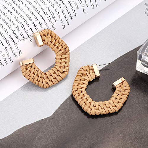 MOLOCH Rattan Earrings for Women Handmade Straw Wicker Braid Hoop Earrings Lightweight Wire Drop Dangle Earrings Fashion Jewelry (Metal end)