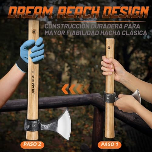Dream Reach Set of 2 Portable Universal Axes, Wooden Handle and Carbon Steel Head, for Garden, Camping and Outdoor