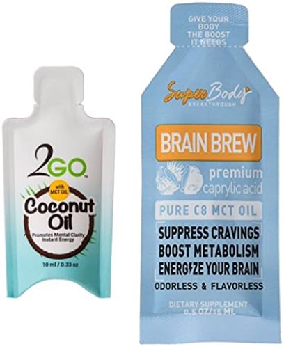 C8 MCT Oil Brain Brew 100% Caprylic Acid + 2GO Organic Cold-Pressed Virgin Coconut Oil with MCT Oil Travel Packs - LP Bundle (Original, 30 Packets Total (15 of Each))