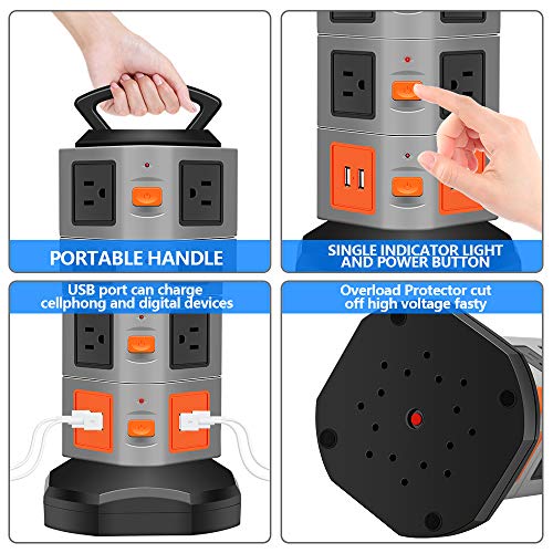 Power Strip Tower, Costech 10 Outlets Surge Overload Protector; Multi Plug Extender with 4 USB Charging Port & 6FT Stretch Extension Cord - Thumbnail 3