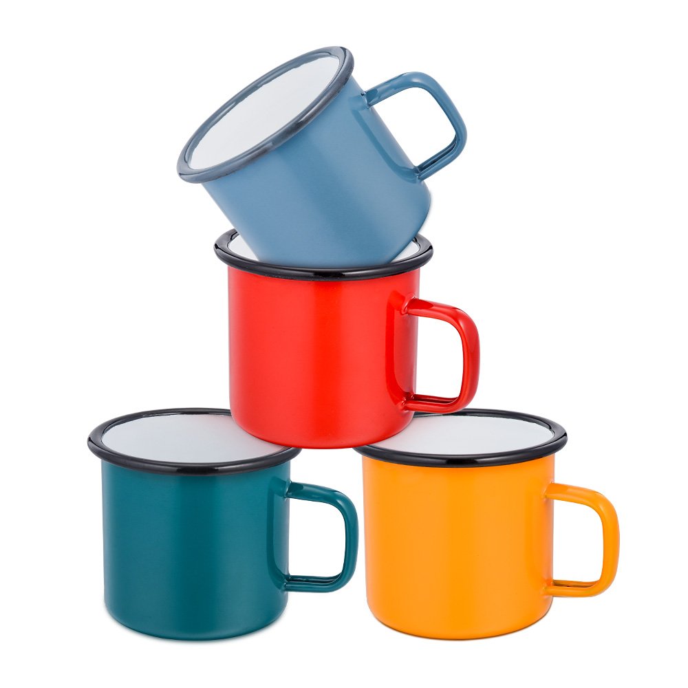 HaWare Enamel Coffee Tea Mug Set of 4 Red/Yellow/Blue/Green Enamel Drinking Cups, Ideal for Home/Office/Travel/Camping, Resusable & Portable, 350 ml-12 Ounce