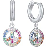 Cute Peace Sign Colorful CZ Huggie Small Hoop Earrings Dangle Drop for Women Sterling Silver Post 14K Gold Filled Simple Rainbow Crystal Charm Hoops Hypoallergenic Fashion Jewelry