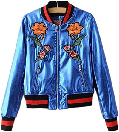 Season Show Women's Embroidered Faux Zip Up Leather Jacket Bomber Jacket Blue S