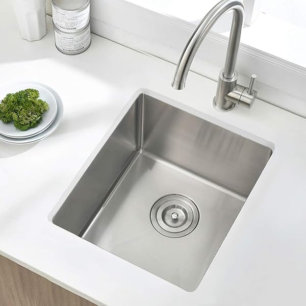 BOOMHOZE STAINLESS STEEL UNDERMOUNT BAR SINK, 15 X 17 INCHES SMALL WET BAR UNDERMOUNT 16 GAUGE SUS304 BRUSHED NICKEL SINGLE BOWL OUTDOOR KITCHEN SINK