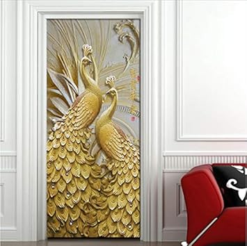 Ys753 Door Sticker Modern Embossed Golden Peacock Wallpaper