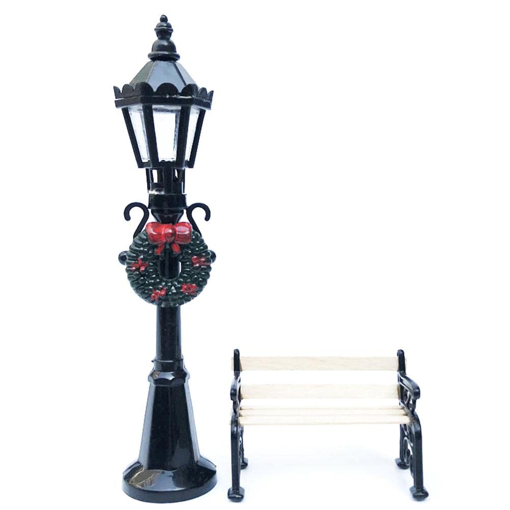 Tianbi 2Pcs Miniature Christmas Street Lamp,Garden Lamp Post,Post Park Bench Seat Mini Street Light Model,Dollhouse Xmas Village Pathway Fairy Garden Accessories