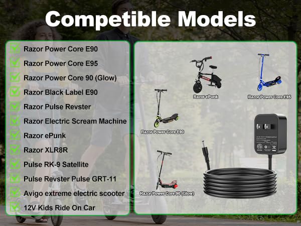 12V Replacement Charger for Razor Power Core 90 Electric Scooter Power Supply for Razor E90 E95 95,ePunk, XLR8R, Electric Scream Machine, Kids Ride On Toys Power Cord 6.5FT