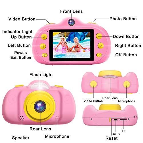 GBD 12MP Kids Camera Toys for Boys Girls, HD 1080P Selfie Video Camera with MP3 Player Games Dual Lens, 2.4" Digital Camcorder Recorder Back to School Birthday Gift,(Free 16GB Memory Card) (Pink)