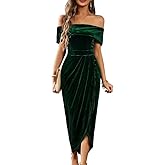 Off The Shoulder Vintage Velvet Bodycon Midi Dress for Women Wrap Slit Elegant Cocktail Party Evening Pencil Dress