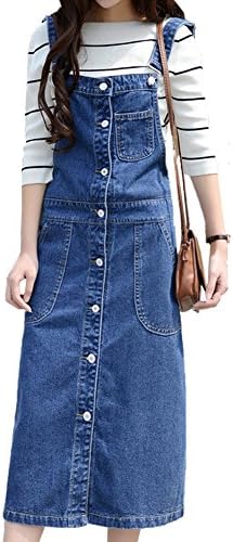 Women's Buckle Strap Button Front Mid Long Denim Overall Dress Blue 34- US 14