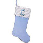 Shgngle 20 Inches Letter Embroidered Christmas Stocking,Personalized Light Blue Velvet Christmas Stocking,Family Holiday Decorations and Xmas Gift(C)