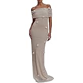 Women Sexy Off Shoulder Crochet Maxi Dress Elegant Long Sleeve Ruched Bodycon Knit Mesh Sheer Beach Vacation Party Dress