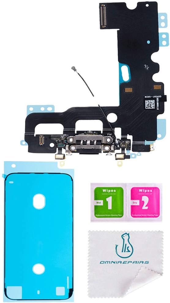OmniRepairs Charging USB Dock Port Flex Cable Replacement with Microphone and Coaxial Antenna Compatible for iPhone 7 Model (A1660, A1778, A1779, A1780) with Adhesive (Black/Space Grey)