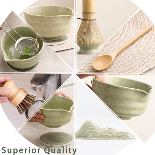 Japanese Matcha Set, Matcha Bowl with Spout and Coaster, Matcha Whisk and Holder, Sifter, Scoop, Spoon, Cleaning Brush,10 Pcs Complete Ceramic Matcha Kit