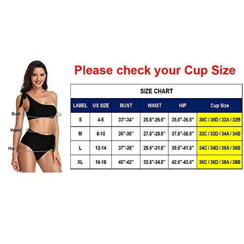 Advoult High Waist Bikini Sets for Women Two Piece Fashion Swimsuit One Shoulder Bathing Suits Swimwear Black - Thumbnail 4