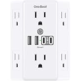 One Beat Outlet Extender Surge Protector, Multi Plug 6 Outlet with 4 USB Ports (2 USBC) 3-Sided Multi Plug Wall Outlet 1800J 