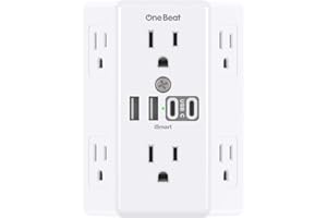 One Beat Outlet Extender Surge Protector, Multi Plug 6 Outlet with 4 USB Ports (2 USBC) 3-Sided Multi Plug Wall Outlet 1800J 