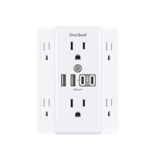 One Beat Outlet Extender Surge Protector, Multi Plug 6 Outlet with 4 USB Ports (2 USBC) 3-Sided Multi Plug Wall Outlet 1800J Power Strip for Home Office Dorm Room Essentials White