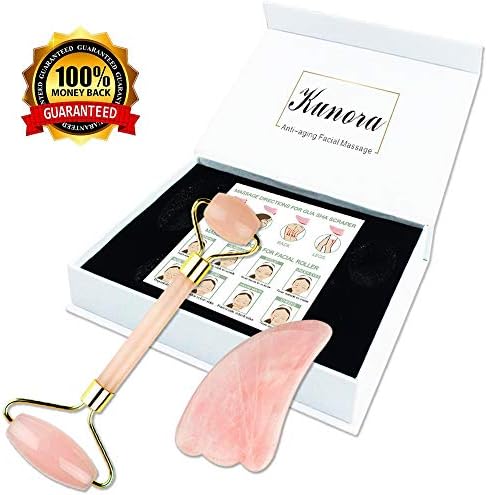 Rose Quartz Roller for Face Anti-Aging Massage Facial Roller with Gua Sha Scraping Tool for Spa Face Massage Anti Aging Therapy Beauty Sliming Healing Rejuvenation