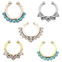Aoyoho Pack of 5 Clip On Jewelry Fake Septum Clicker Nose Ring Non Piercing