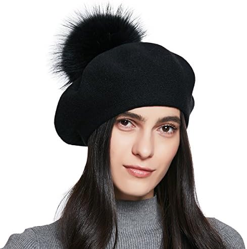 YINONIY Women's Knitted Cotton Beret Hat with Fur Pom Pom - Black