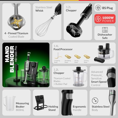 Feller Germany 5in1 Hand Blender 1000W, 1.8L Food Processor + 4 Blades, 1.2L Chopper, Whisk, Purée Maker, 4-Fin Titanium Blade, Stainless Steel Body, HB1000 Pro, 2Y Guarantee-UAE Version (Black)