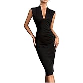 winkbay Women's V Neck Midi Dress Sleeveless Pencil Cocktail Party Ruched Bodycon Dresses