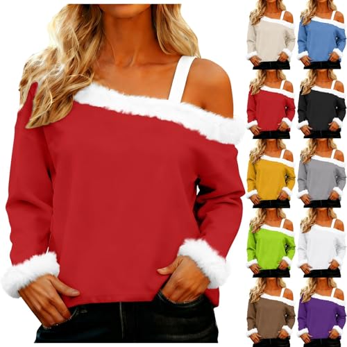 winter jumpers for women uk, Christmas Jumpers for Women, Women's Winter Plush Slanted Collar Cuffs Sweatshirts Trendy Solid Colour Long Sleeve Pullover Tops Ladies Fashion Outfits (Red, L)