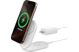 Belkin Magnetic Foldable Wireless Charging Stand 15W - MagSafe-Compatible Qi2-Certified Charger, Wireless Charging Stand for iPhone 16, Galaxy S25, & More - Standby Mode Ready w/PSU Included - White