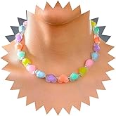 Jugielu Boho Rainbow Heart Bead Necklace Colorful Heart Choker Necklace Acrylic Heart Necklace Heart Link Necklace Love Heart Pendent Necklace Jewelry for Women