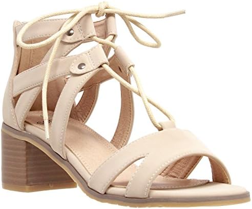 Womens Dress Sandals Lace Up Gladiator Block Low Heel Shoes Taupe SZ 5