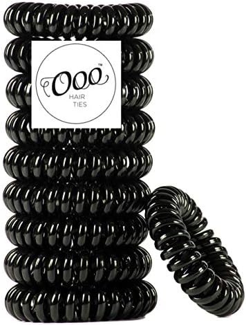 10 Pack Painless PATENTED OOO Hair Ties. Ponytail holder spiral coil traceless rubber bands. Best kids girls woman accessory all types of hair. Exercise, work & everyday. LARGE SIZE (Black)