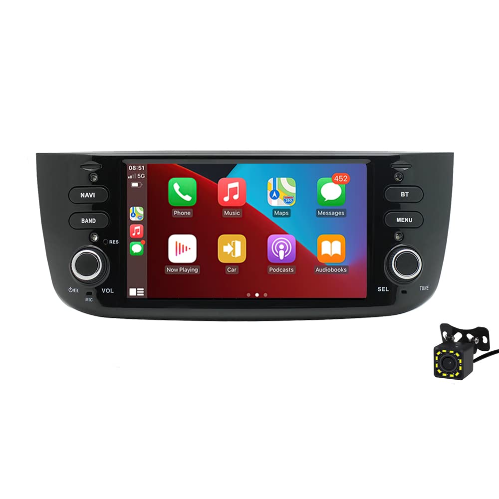 Android Car Radio Stereo Wireless CarPlayer Android Auto 7 Inch 2 Din Touch Screen Carplayer Support GPS/Mirror Link/WiFi/Bluetooth/FM Compatible with Fiat Punto+12LED Camera