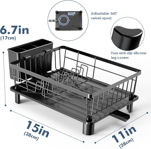 Dish Drying Rack, Space-Saving Dish Rack for Kitchen Counter, Stainless Steel Dish Rack with Cutlery Holder, Removable Dish Drainer, Drainboard and Adjustable Spout for Various Kitchenware,15x11x6.7''