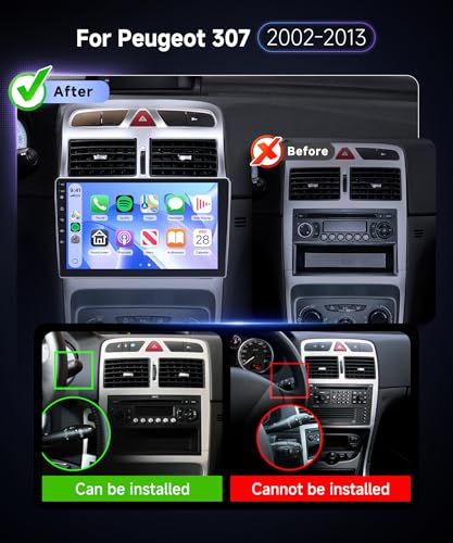 Hodozzy Car Radio for Peugeot 307 2002-2013 with Wireless CarPlay Android Auto, 9 Inch Touchsreen with Bluetooth/RDS Radio/SWC/GPS/YouTube/USB/V-Link/+Reversing Camera