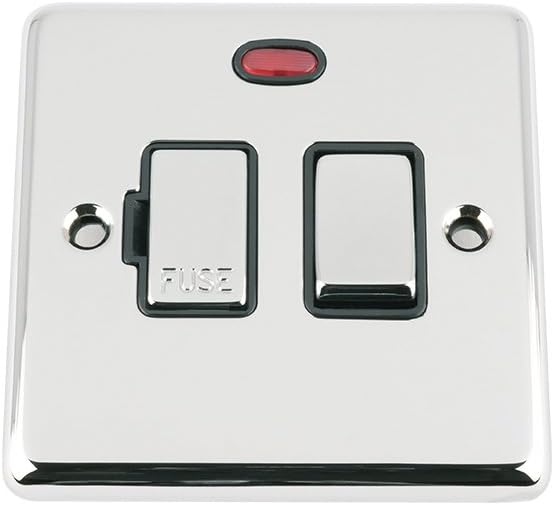 Fused Switch w/Neon - Polished Chrome Classic - Black - Metal Rocker Switch - 13A Switched Fused Spur Unit