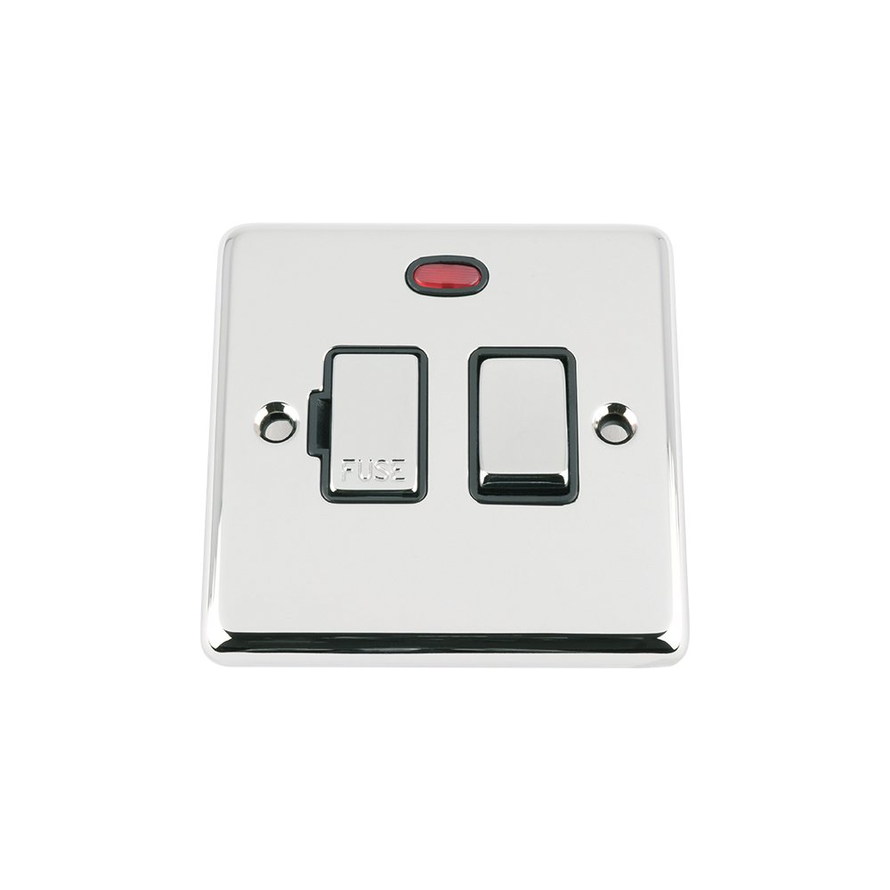 Fused Switch w/Neon - Polished Chrome Classic - Black - Metal Rocker Switch - 13A Switched Fused Spur Unit