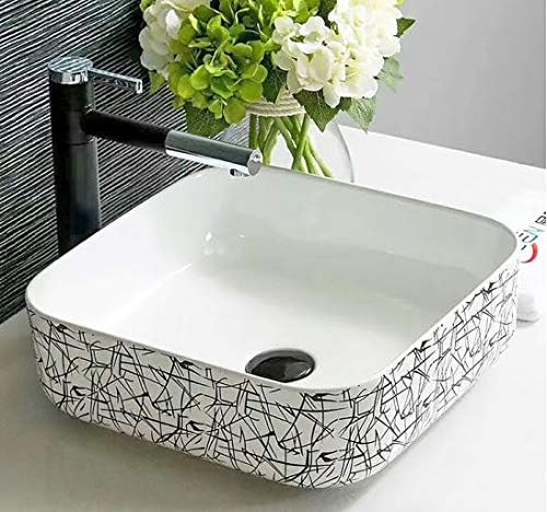 Wooden Cuts Square White Porcelain Ceramic Vessel Sink; Bathroom Vessel Sinks; Bathroom Sink ; Vanity Sink; Bathroom Sinks Above Counter; Vessel Sinks for Bathroom; White with Black Design