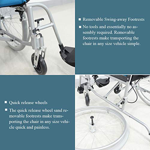 Hi-Fortune Wheelchair 21lbs Lightweight Self-propelled Manual Wheelchairs for Adults with Cushion and Travel Bag, Portable and Folding, 17.5'' Seat, Blue - Thumbnail 2
