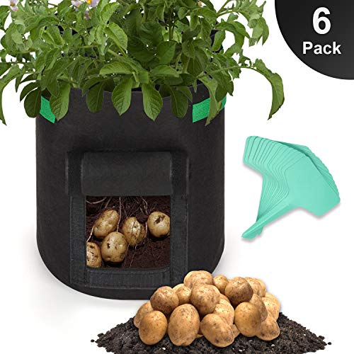 GROWNEER 6-Pack 7 Gallons Grow Bags Potato Planter Bag with Access Flap and Handles, Planting Grow Bags Fabric Pots for Grow Vegetables, Potato, Carrot, Onion, with 15Pcs Plant Labels