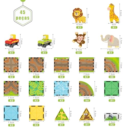 Blocos de Montar Magnéticos Construção STEM Brinquedos Infantil (45 Peças Com Animais)