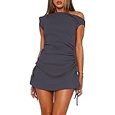 ZREQV Women's Summer Bodycon Dresses Sexy One Shoulder Side Drawstring Vacation Cocktail Club Party Cute Mini Dress