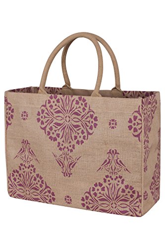KAF Home Jute Market Tote Bag with Purple Indian Print, Durable Handle, Reinforced Bottom and Interior Zipper Pocket, Generous capacity, 12.5" tall x 17" wide x 7" deep