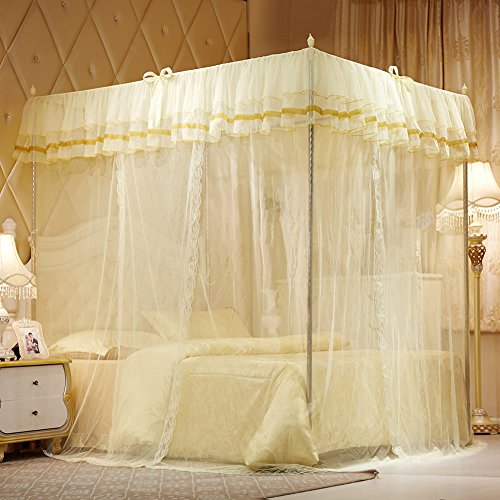 Uozzi Bedding 4 Corners Post Beige Canopy Bed Curtain for Girls & Adults - Cute Cozy Drape Square Netting for Twin Bed - 4 Opening 47" W x 78" L Mosquito Net - Princess Bedroom Decoration