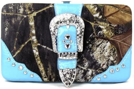 Western Camoouflage Camo Belt Buckle Women Wallet Rhinestones Blue Trim