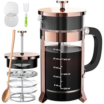 French Press Coffee And Tea Maker With 4 Level Filtration System -100% No Residue -304 Grade Stainless Steel-German Heat-Resistant Borosilicate Glass- BPA FREE-Dishwasherable-34oz，Copper