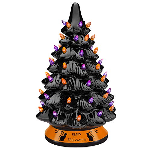 Best Choice Products Pre-Lit 15in Ceramic Tabletop Halloween Tree Holiday Decoration w/Orange & Purple Bulb Lights