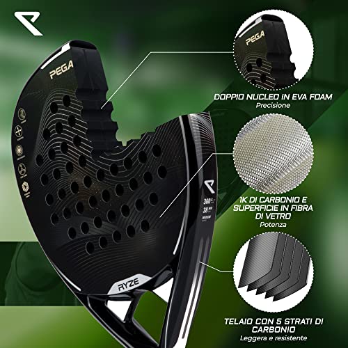 RYZE Padel Racket 100% Carbon Fibre - Maximum Power + Control - with EVA-17 Flex - Lightweight and Durable Structure - Padel Racket for Men and Women - Case Included